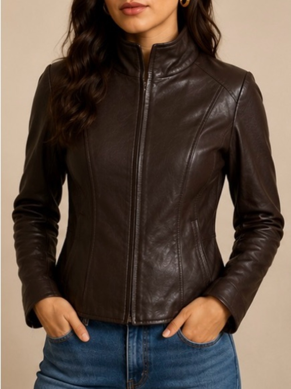 Danier Women's Dark Chocolate Leather Zip Jacket